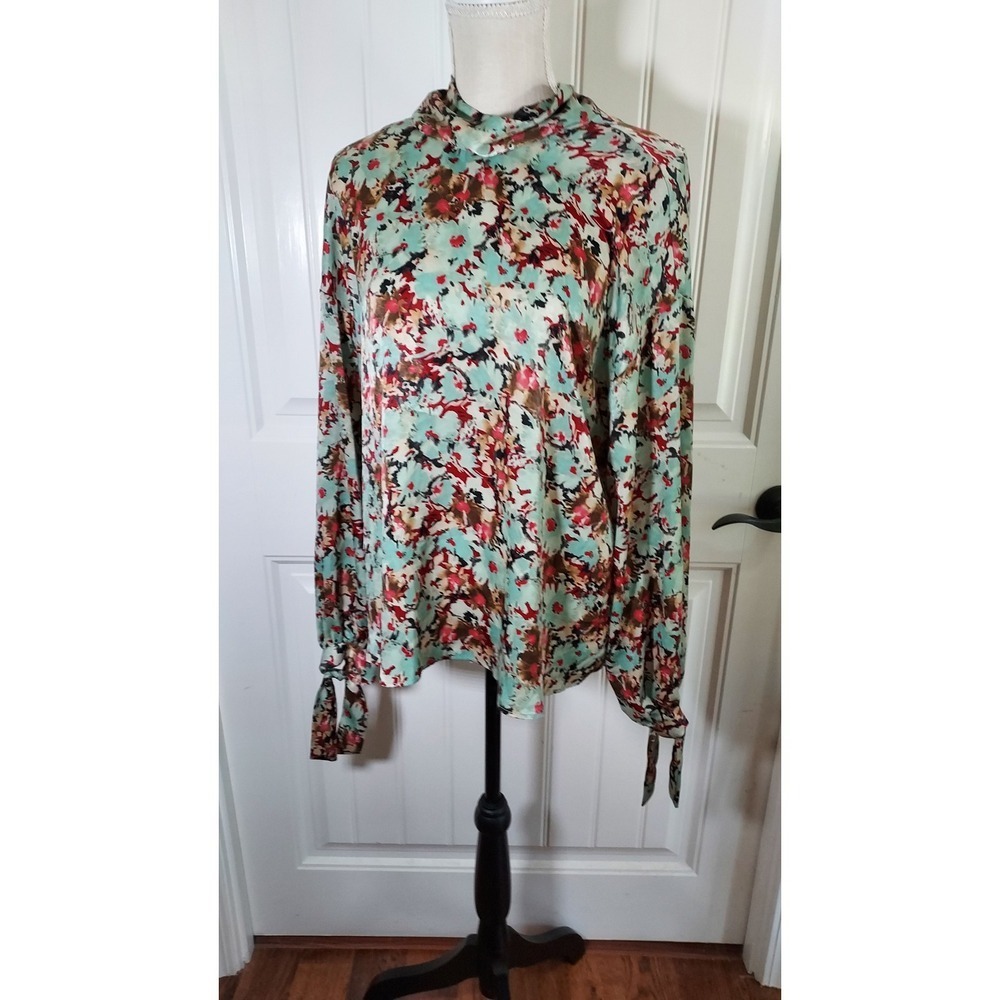 Zara Floral Neck Bow Blouse Womens Large Mint Green Red Abstract Satin Tie